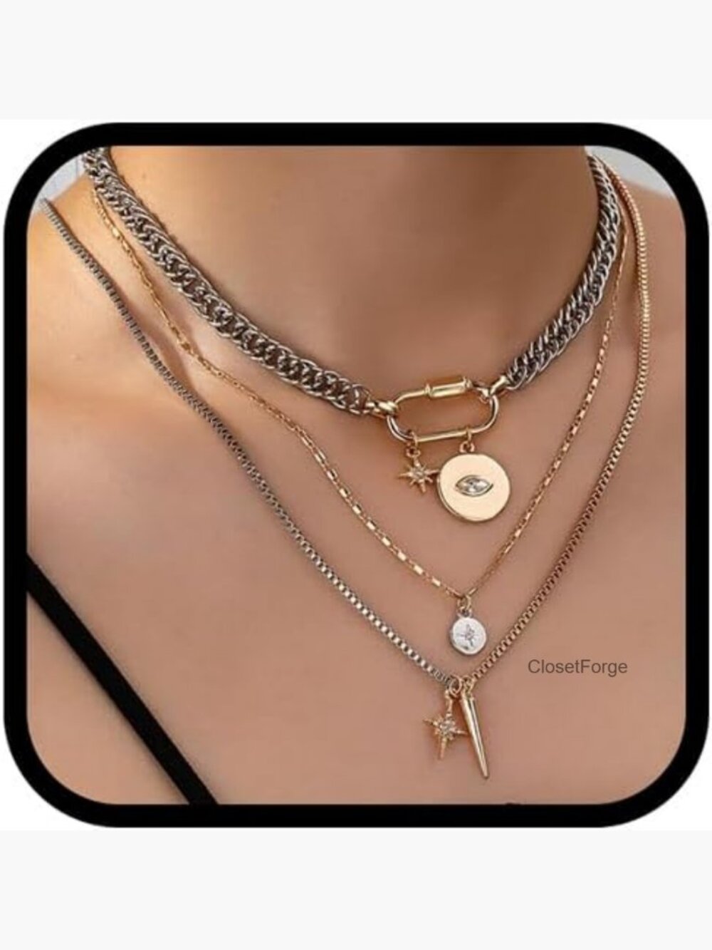 3-Layer Chunky Chain Necklace Set, Two Tone Coin Pendant Stacked